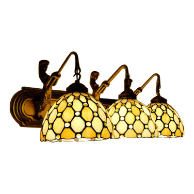 Dome Beige Glass Wall Light Fixture Tiffany 3 Heads Brass Sconce Lighting with Mermaid Backplate