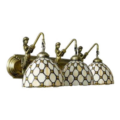 Dome Beige Glass Wall Light Fixture Tiffany 3 Heads Brass Sconce Lighting with Mermaid Backplate