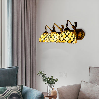 Dome Beige Glass Wall Light Fixture Tiffany 3 Heads Brass Sconce Lighting with Mermaid Backplate
