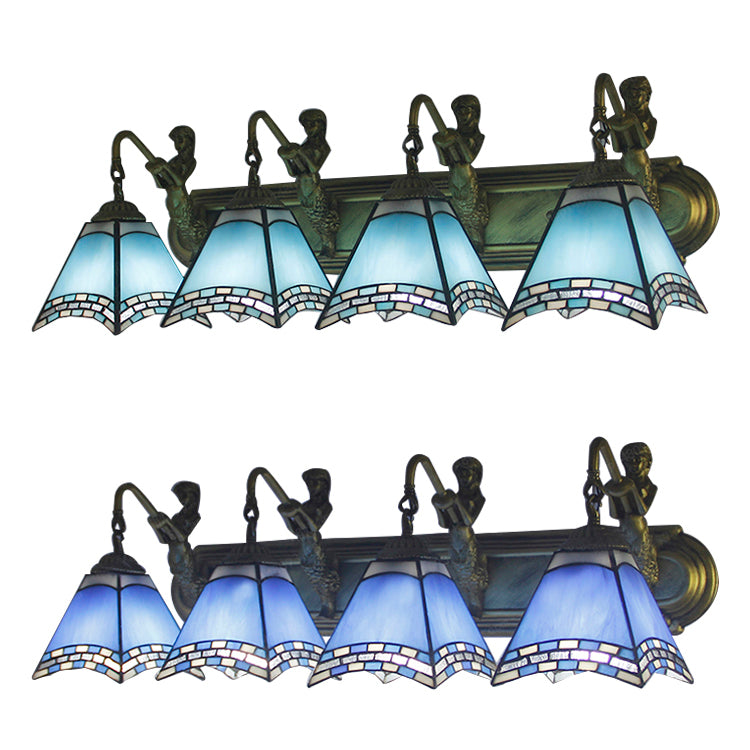 Trapezoid Wall Mount Light 4 Heads Dark Blue/Light Blue Glass Tiffany Sconce Light Fixture