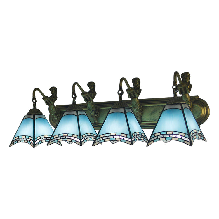 Trapezoid Wall Mount Light 4 Heads Dark Blue/Light Blue Glass Tiffany Sconce Light Fixture