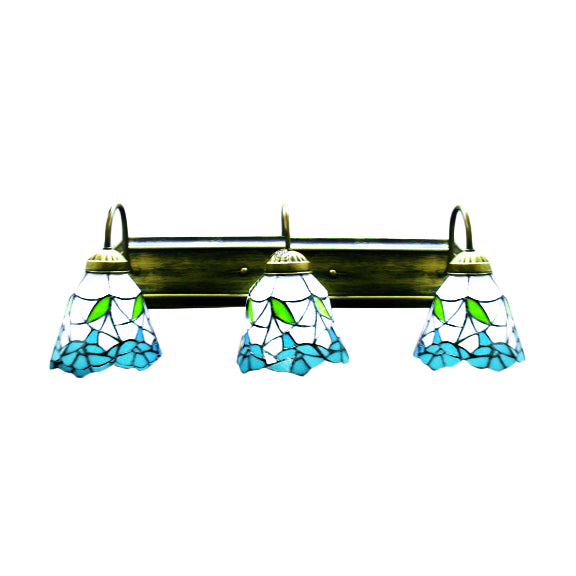 Flower Blue-White Glass Sconce Lighting Tiffany 3 Heads Bronze Wall Mounted Light