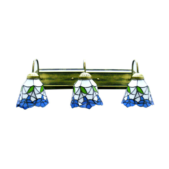 Flower Blue-White Glass Sconce Lighting Tiffany 3 Heads Bronze Wall Mounted Light