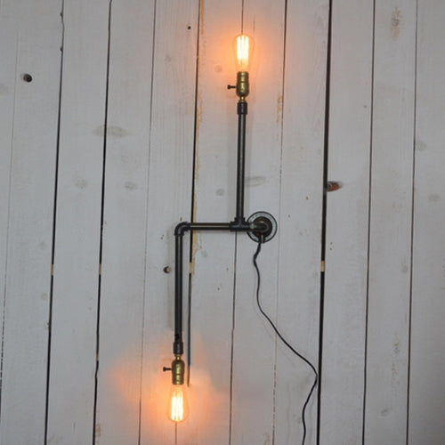 Black Finish Piped Wall Lamp Fixture with Open Bulb Farmhouse Wrought Iron 2 Bulbs Indoor Sconce Light
