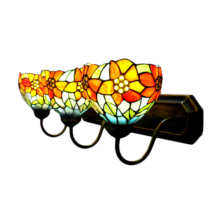 3 Heads Bowl Wall Mount Light Victorian Orange Glass Sconce Light with Flower Pattern