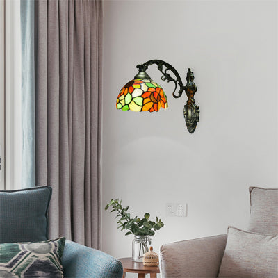 Loft Sunflower Wall Sconce Light Stained Glass 1 Light Wall Mount Light in Antique Bronze for Bedroom