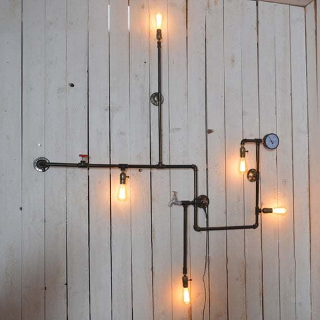 Plumbing Pipe Restaurant Sconce Lighting with Bare Bulb Vintage Style Iron 5 Lights Black Wall Mount Light