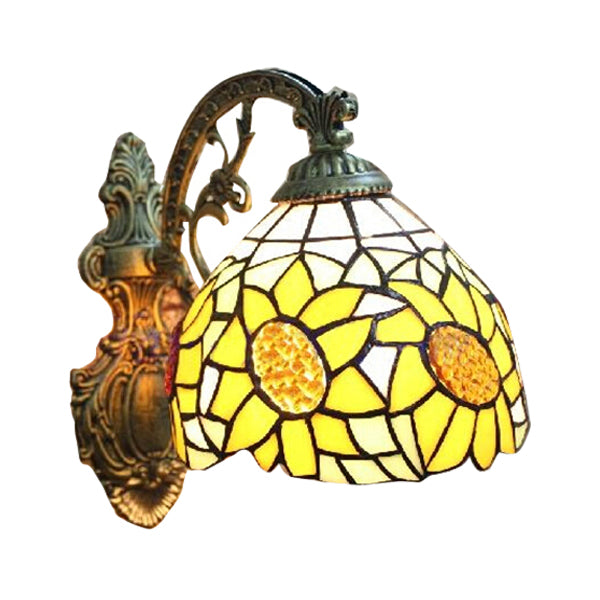 Yellow Sunflower Wall Sconce Light Lodge Style Stained Glass 1 Light Wall Lighting for Bedroom