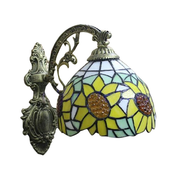 Yellow Sunflower Wall Sconce Light Lodge Style Stained Glass 1 Light Wall Lighting for Bedroom