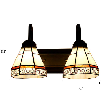 Cone Sconce Light Fixture Tiffany Beige Glass 2 Heads Black Wall Mounted Lighting