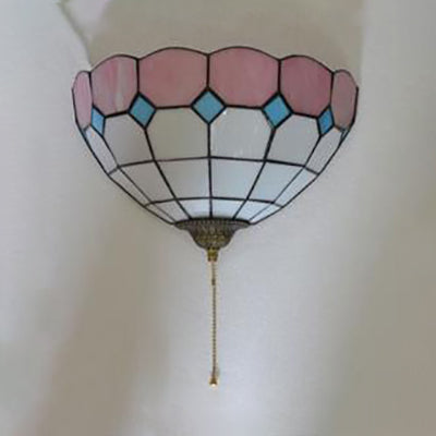 Pink and White Bowl Wall Mount Light Stained Glass 1 Bulb Tiffany Wall Sconce Light with Pull Chain