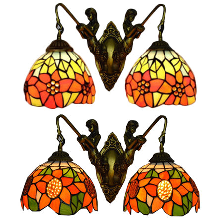 Flower Wall Light Fixture Tiffany Orange-Green/Orange-Yellow Glass 2 Heads Antique Brass Sconce Light