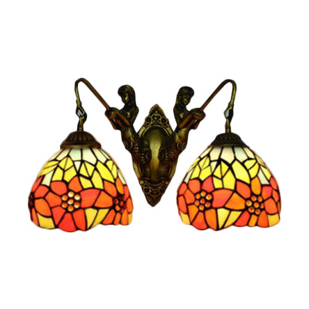 Flower Wall Light Fixture Tiffany Orange-Green/Orange-Yellow Glass 2 Heads Antique Brass Sconce Light