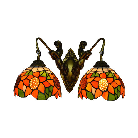 Flower Wall Light Fixture Tiffany Orange-Green/Orange-Yellow Glass 2 Heads Antique Brass Sconce Light