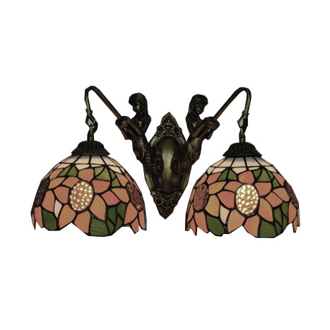 Flower Wall Light Fixture Tiffany Orange-Green/Orange-Yellow Glass 2 Heads Antique Brass Sconce Light