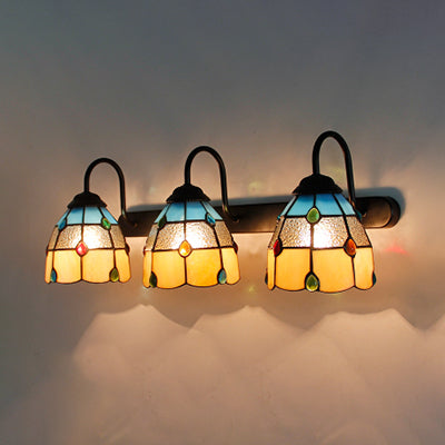 3 Heads Dome Sconce Light Fixture Tiffany Beige/Blue/Clear Glass Wall Mount Light Fixture with Agate Decoration