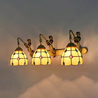 Jeweled Wall Light Fixture 3 Heads Yellow-White/Clear/Yellow-Blue Glass Tiffany Sconce Lighting with Mermaid Backplate