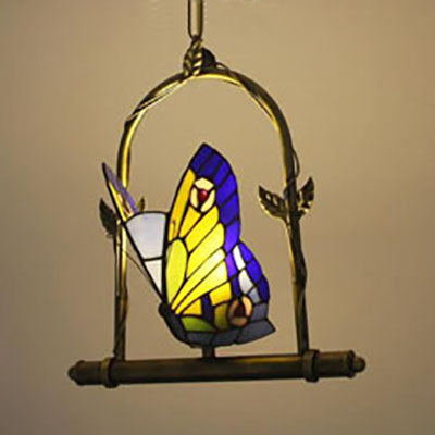 Stainless Glass Butterfly Pendant Light Tiffany Style 1 Light Warm Brass Suspension Lighting for Balcony