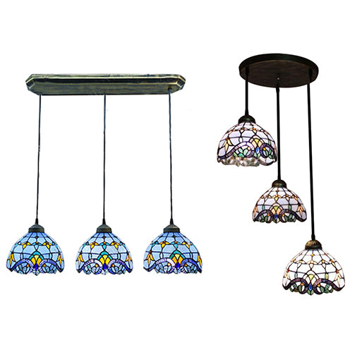 Victorian Dome Pendant Light Stained Glass 3 Heads Linear/Round Hanging Light in White/Blue for Dining Room