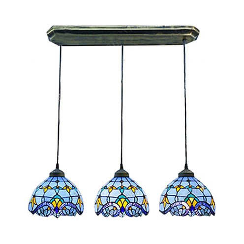 Victorian Dome Pendant Light Stained Glass 3 Heads Linear/Round Hanging Light in White/Blue for Dining Room