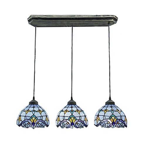 Victorian Dome Pendant Light Stained Glass 3 Heads Linear/Round Hanging Light in White/Blue for Dining Room