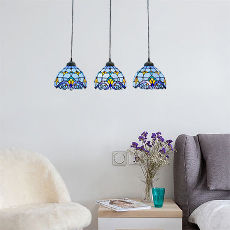 Victorian Dome Pendant Light Stained Glass 3 Heads Linear/Round Hanging Light in White/Blue for Dining Room