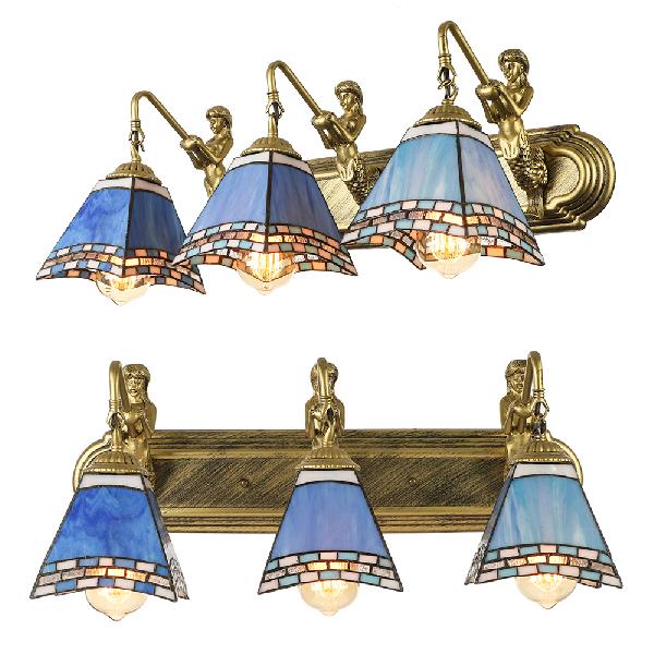 Mediterranean Trapezoid Wall Light Fixture 3 Heads Stained Glass Sconce Light for Living Room