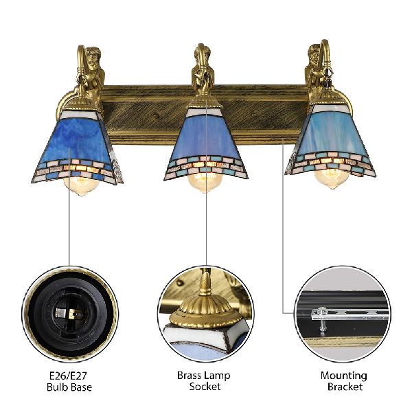 Mediterranean Trapezoid Wall Light Fixture 3 Heads Stained Glass Sconce Light for Living Room