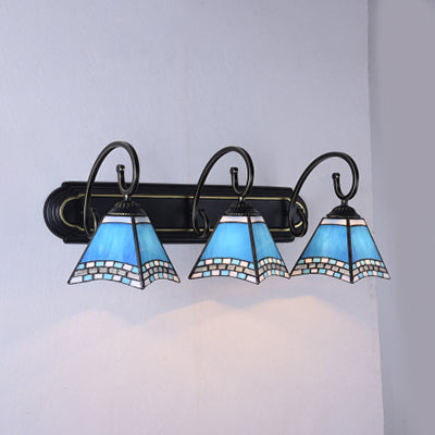 Mediterranean Pyramid Wall Light Fixture 3 Heads Blue Glass Sconce Light whit Scrolling Arm