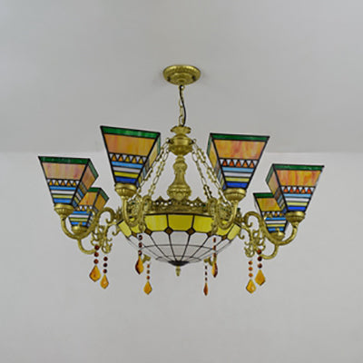 Stained Glass Pyramid Suspension Light Rustic 9 Lights Chandelier with Crystal in Yellow for Bedroom
