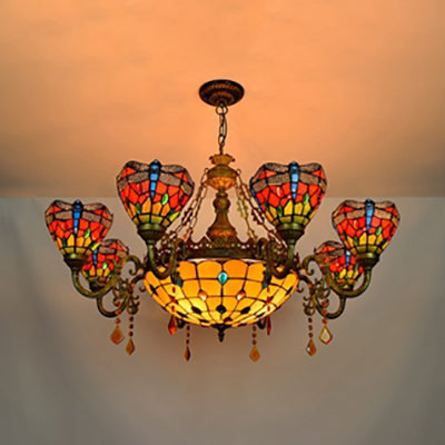 Stained Glass Bowl-Shaped Hanging Light Rustic 9 Lights Chandelier with Crystal in Multicolor for Bedroom