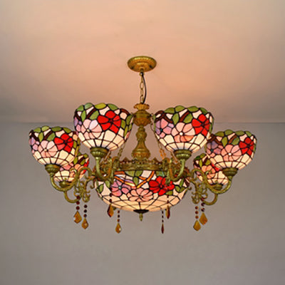 Stained Glass Scalloped Shade Suspension Light Rustic 9 Lights Inverted Chandelier with Flower Pattern for Bedroom