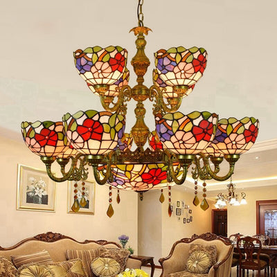 15 Lichter Kuppel Schatten Hängendes Licht Tiffany Buntglas Zweistufiger Kronleuchter mit Blumenmuster für Esszimmer