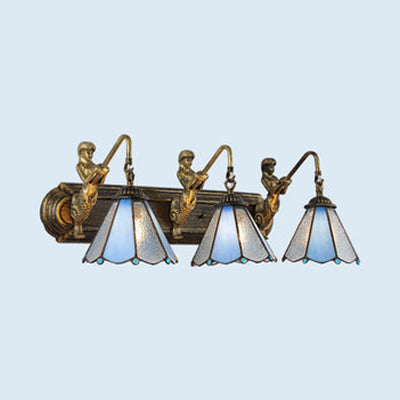 Blue Glass Conical Wall Light Fixture Tiffany 3 Lights Aged Brass Sconce Lighting