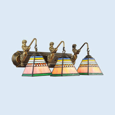Pyramid Green-Pink Wall Light Fixture Tiffany 3 Lights Brass Sconce Light with Mermaid Decoration