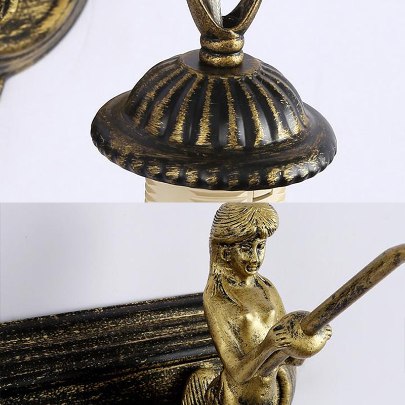 Pyramid Green-Pink Wall Light Fixture Tiffany 3 Lights Brass Sconce Light with Mermaid Decoration
