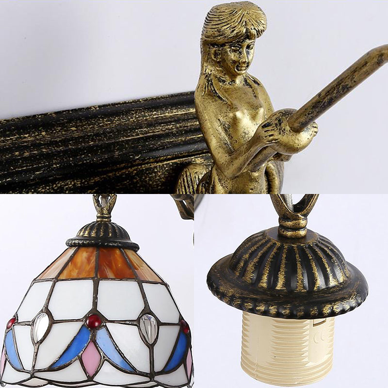 Tiffany Jeweled White Glass Sconce Light 3 Heads Wall Mounted Light in Beige with Mermaid Backplate