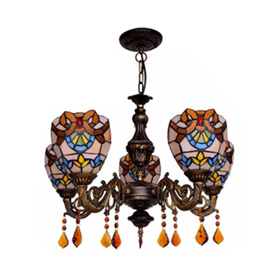Bowl Chandelier Retro Style Stained Glass 5 Lights Hanging Pendant with Crystal for Bedroom