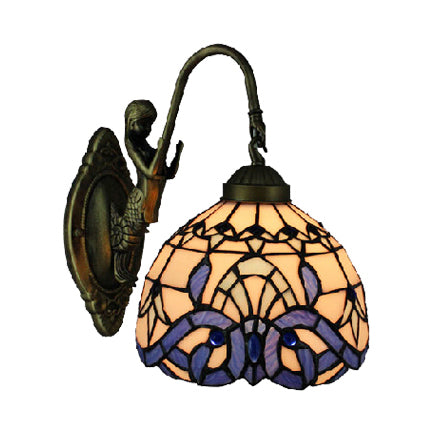 Victorian Dome Wall Light Fixture Art Glass 1 Light Wall Sconce Light with Mermaid for Corridor in White-Purple