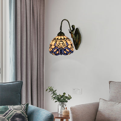 Victorian Dome Wall Light Fixture Art Glass 1 Light Wall Sconce Light with Mermaid for Corridor in White-Purple