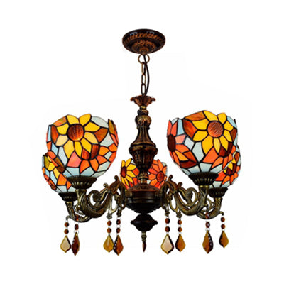 Lodge Dome Hanging Light Stained Glass 5 Heads Sunflower Chandelier with Crystal for Living Room