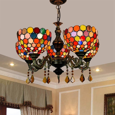 Retro Style Bowl Hanging Lamp Stained Glass 5 Heads Decorative Chandelier for Dining Room