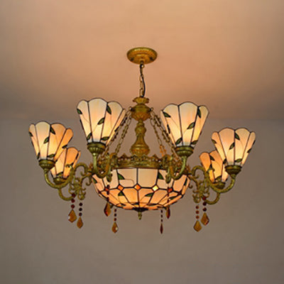 9 Lights Hanging Light Industrial Vintage Stained Glass Chandelier with Leaf Pattern in Beige