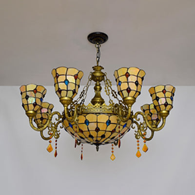 8 Arms Bell Suspension Light Rustic Stained Glass Chandelier Light with Center Bowl in Yellow for Villa