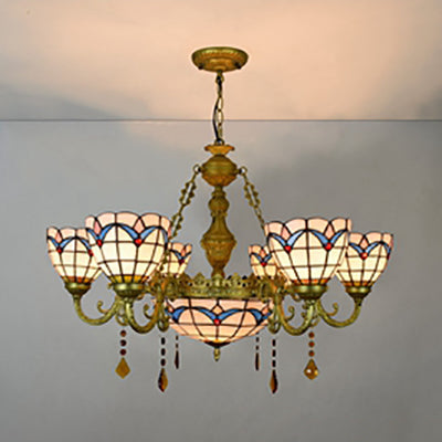 Country Bowl Hanging Pendant Stained Glass 7 Heads Tulip Chandelier in Brass Finish for Living Room