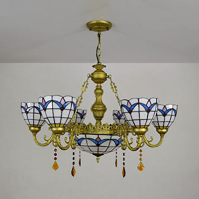 Country Bowl Hanging Pendant Stained Glass 7 Heads Tulip Chandelier in Brass Finish for Living Room