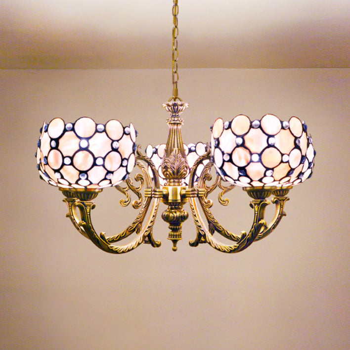 Lodge a forma di ciotola a forma di ciotola vetrate in vetro colorato a 5 luci con catena in bianco