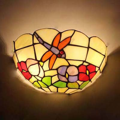 Country Style Bowl Wall Light with Dragonfly and Flower 2 Lights Art Glass Wall Sconce for Bedroom