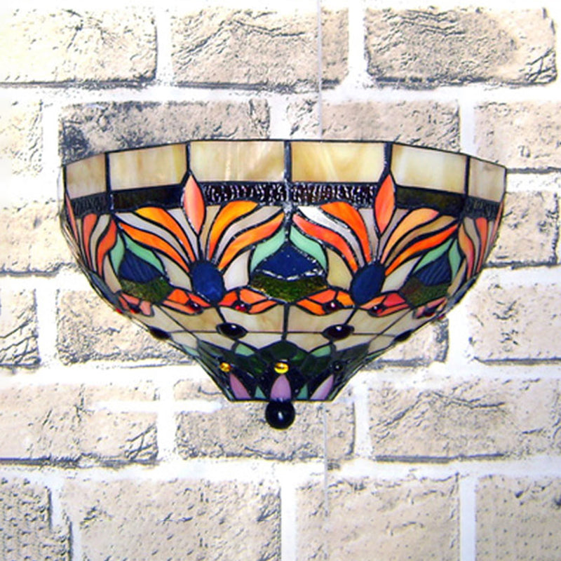 Stained Glass Bowl Wall Lamp with Flower Design 1 Bulb Tiffany Wall Sconce Light for Corridor