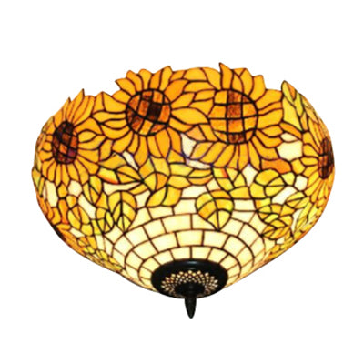 Sunflower Pattern Ceiling Light Fixture Tiffany Stained Glass 2 Lights Flushmount Light for Dining Room